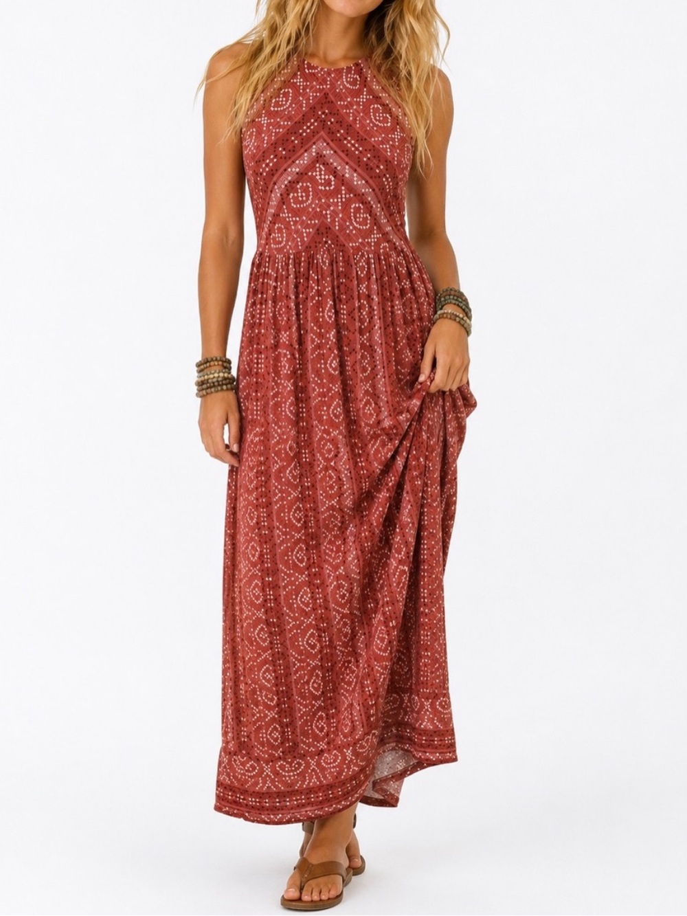 True Craft Boho Maxi Dress Rust Tribal Print Sleeveless Festival Dress Large
